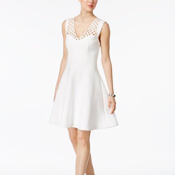 Betsey Johnson mesh lattice trim shoulder white fit and flare dress, nwt size 12 - Picture 1 of 10